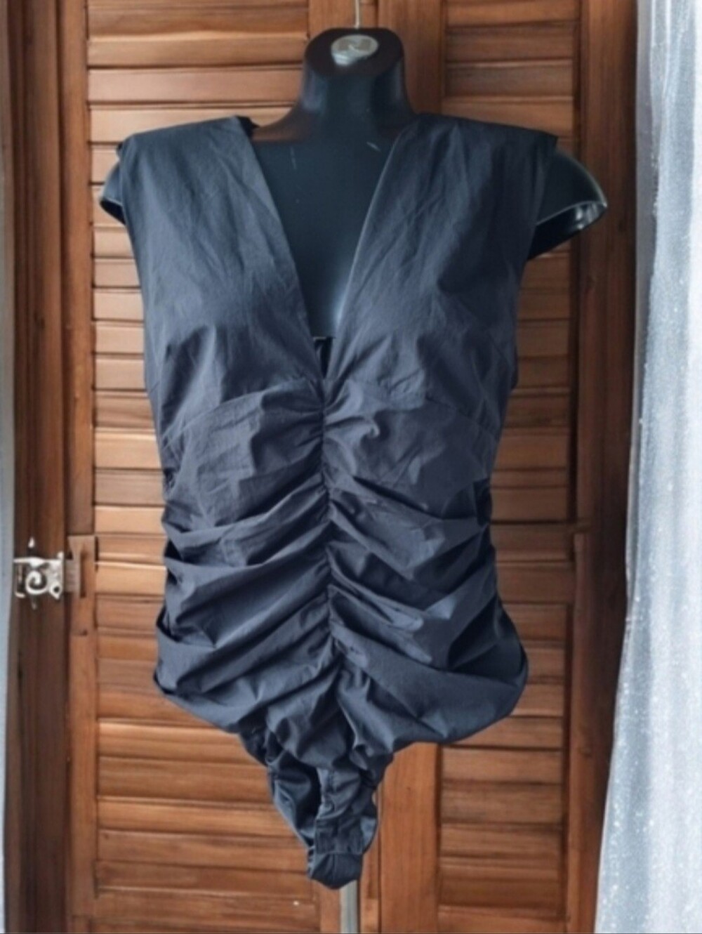 Zara Ruched Plunge V-Neck Women's Black Bodysuit Size L